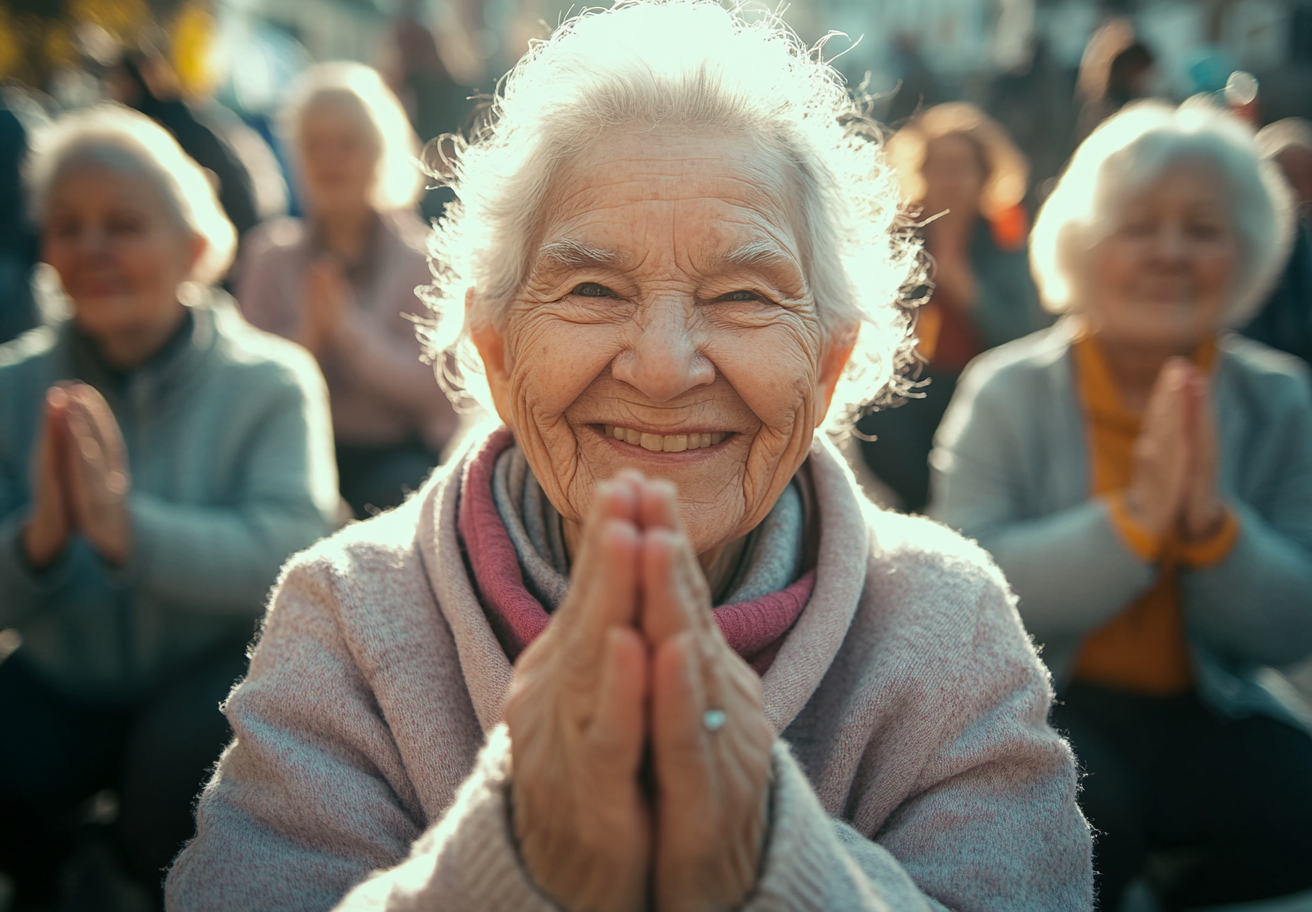 Старша жінка в позі лотоса